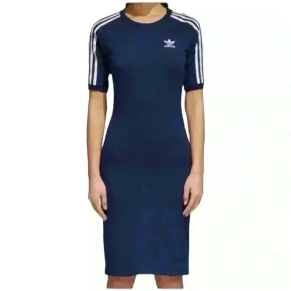 Adidas Originals 3 Stripe Bodycon Stretch Tee Shirt Dress Navy Size Small - Picture 2 of 11